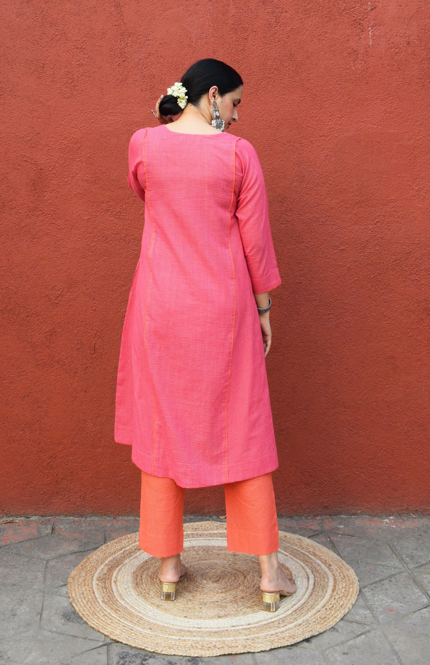 Pink V neck kurta set and Orange pyjama in handwoven checks