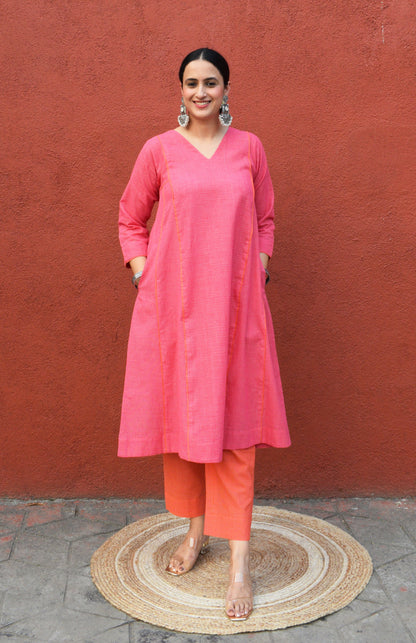 Pink V neck Paneled Kurta in Handwoven checks