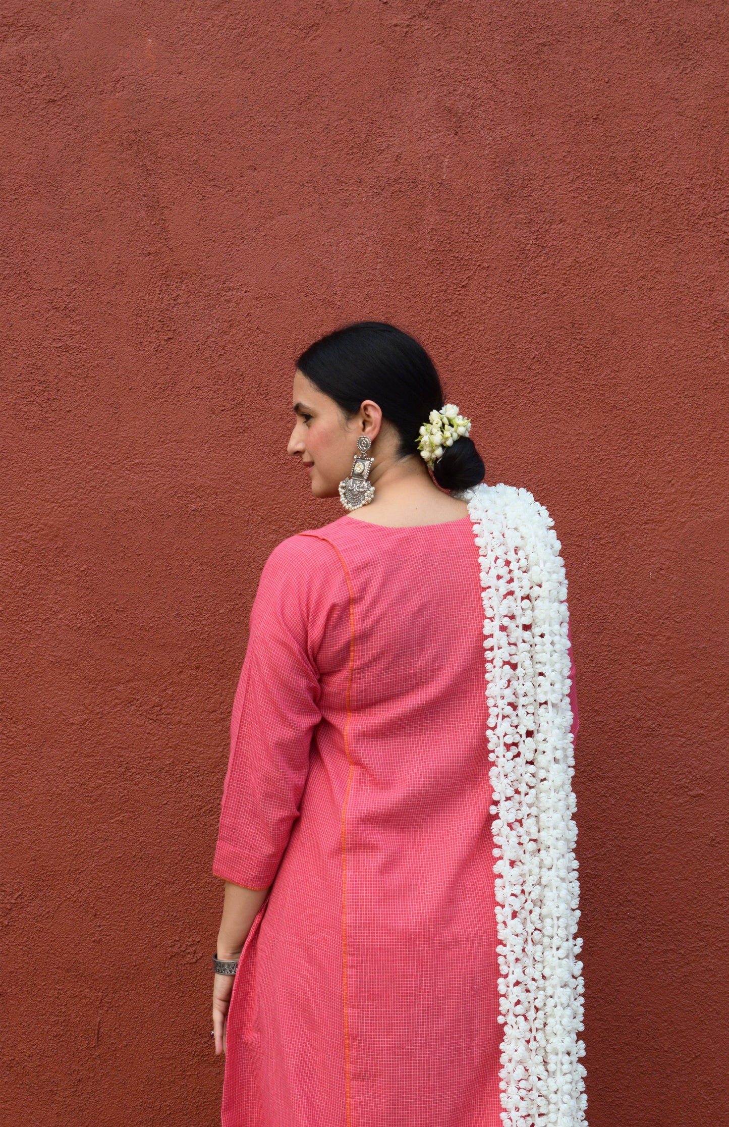 Pink V neck Paneled Kurta in Handwoven checks