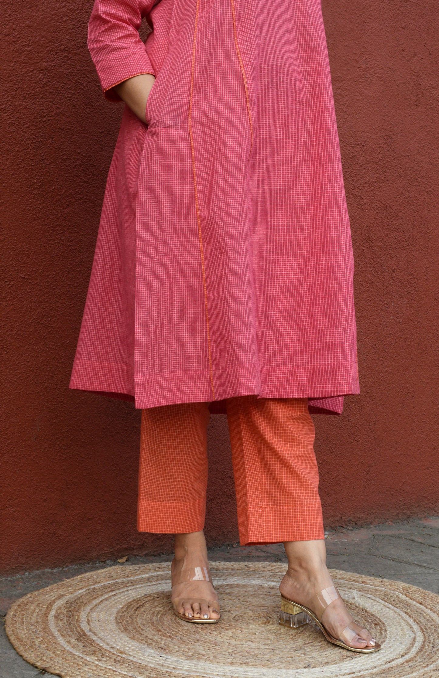 Pink V neck kurta set and Orange pyjama in handwoven checks