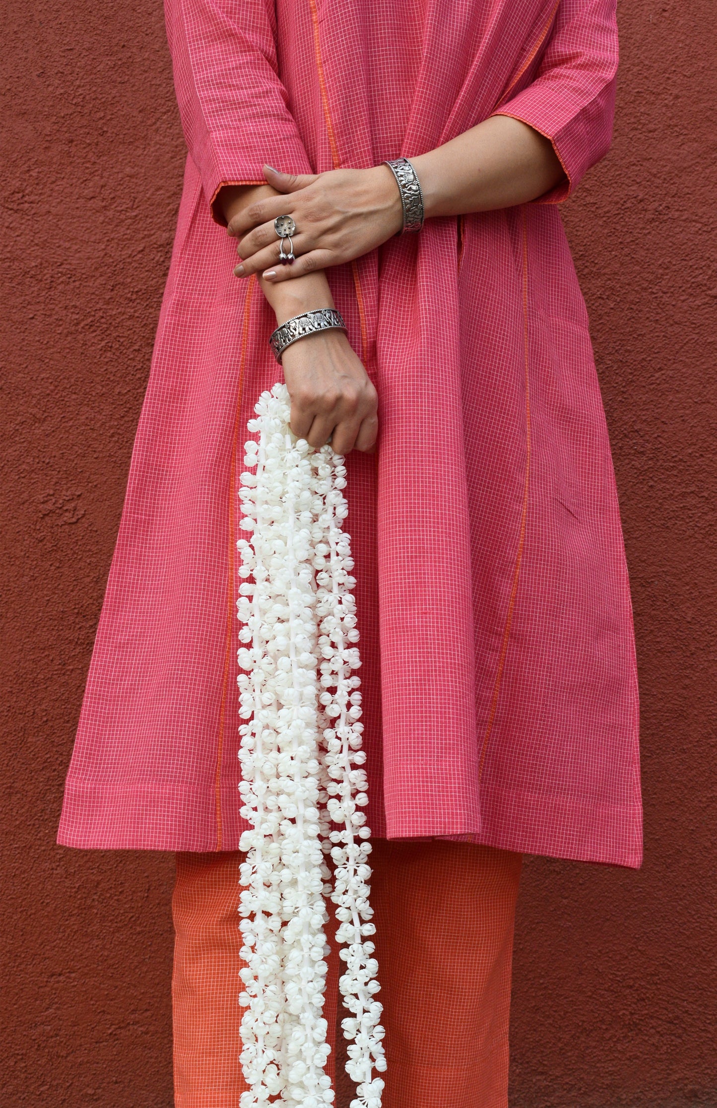 Pink V neck Paneled Kurta in Handwoven checks