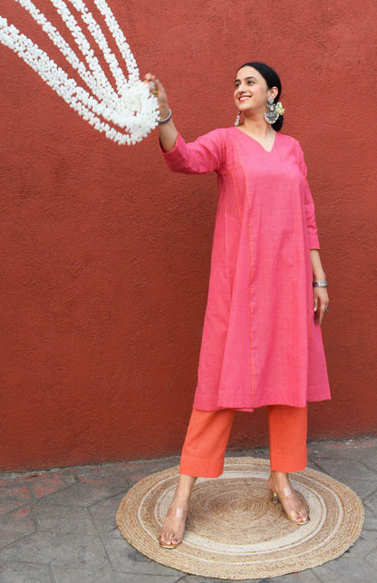 Pink V neck Paneled Kurta in Handwoven checks