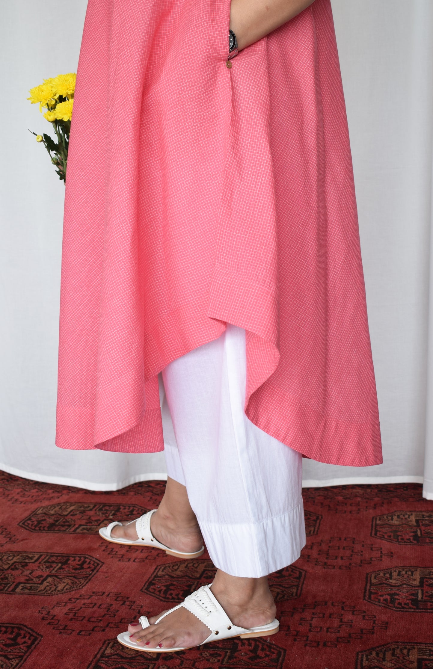 Pink sleeveless kurta set in handwoven checks and pyjama