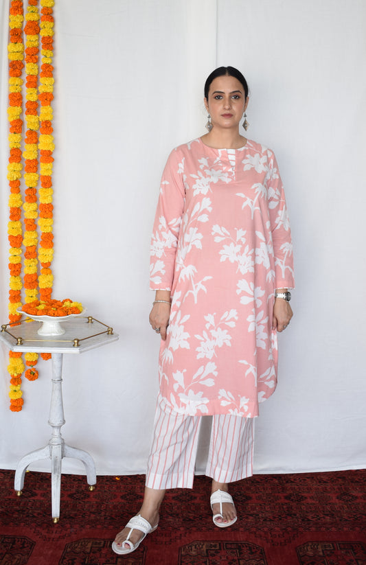 Pink Floral Kurta with Striped Pajama