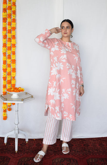 Pink Floral Kurta with Striped Pajama