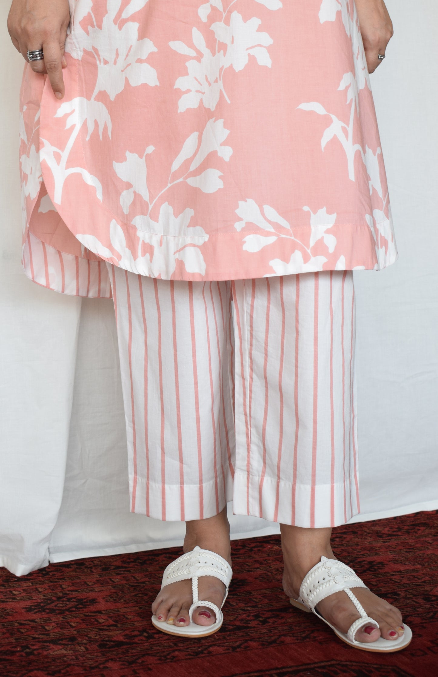 Pink Floral Kurta with Striped Pajama