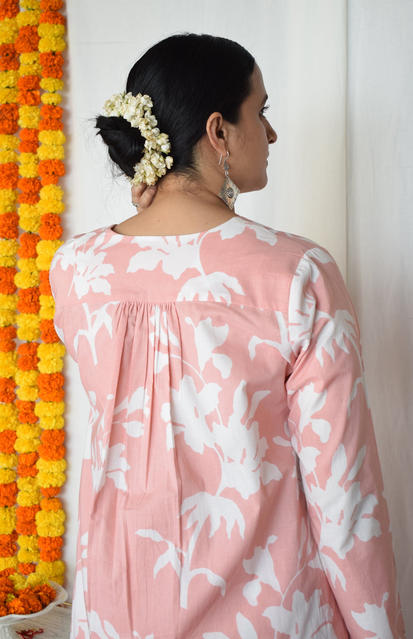 Pink Floral Kurta with Striped Pajama