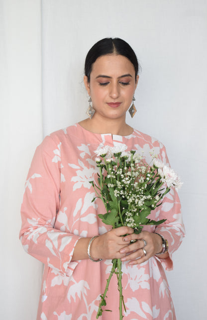 Pink Floral Kurta with Striped Pajama