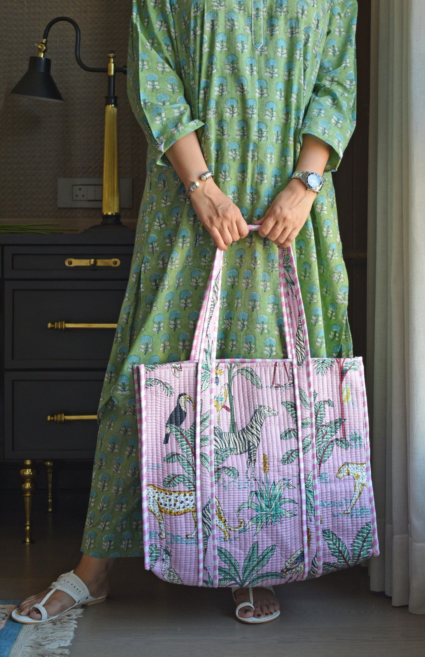 Pink Cotton Printed Quilted Tote Bag