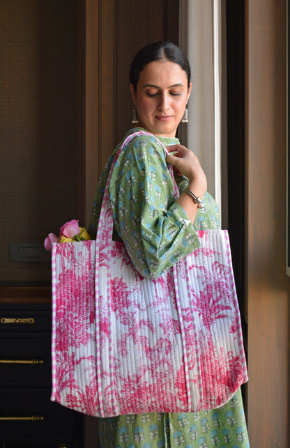 Pink and white Cotton Printed Quilted Tote Bag