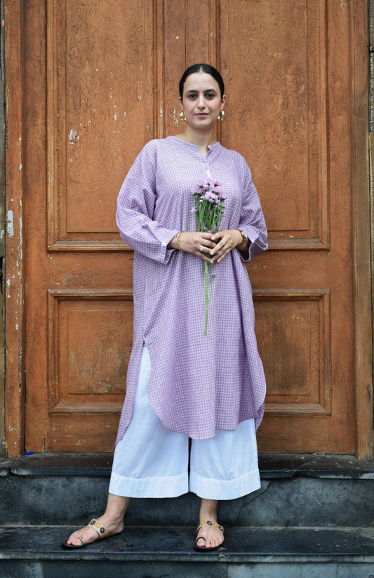 Purple Checks Antifit kurta in Handwoven Cotton and White pyjama