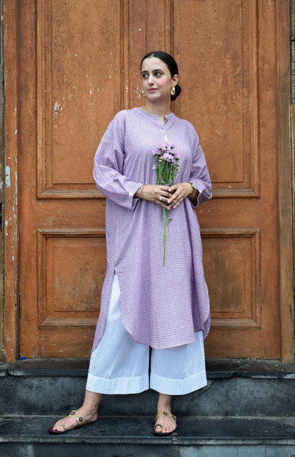 Purple Checks Antifit kurta in Handwoven Cotton and White pyjama