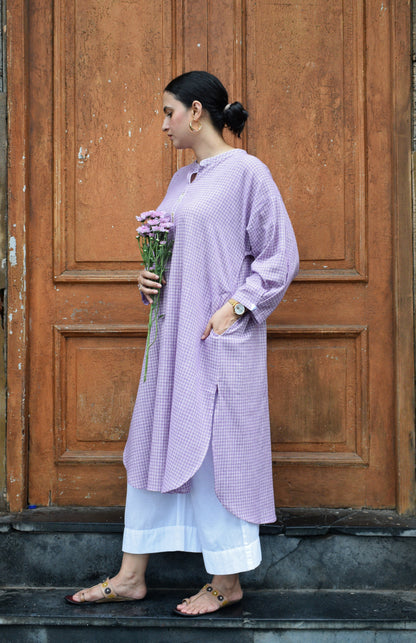 Purple Checks Antifit Kurta in Handwoven Cotton