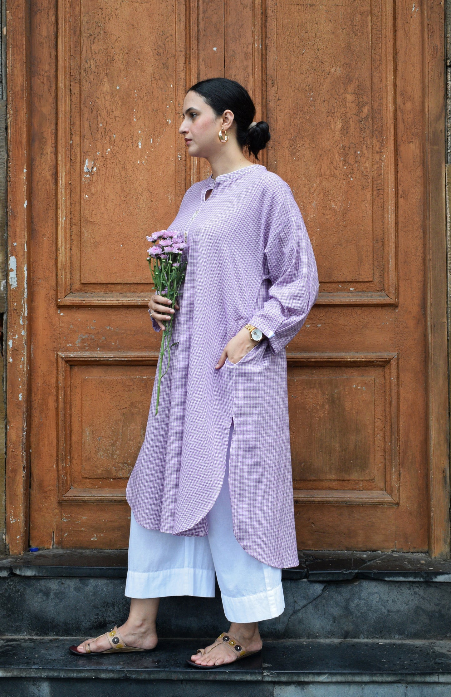 Purple Checks Antifit kurta in Handwoven Cotton and White pyjama