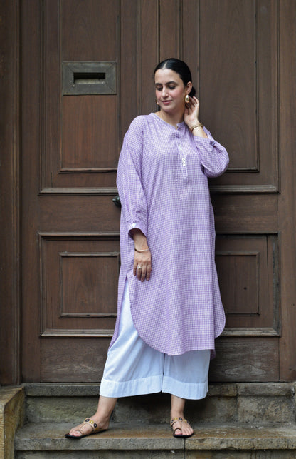 Purple Checks Antifit Kurta in Handwoven Cotton