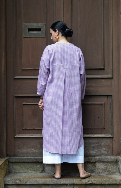 Purple Checks Antifit kurta in Handwoven Cotton and White pyjama