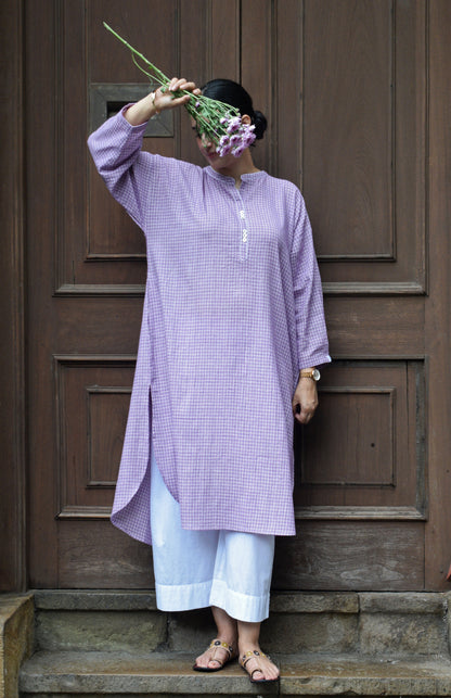 Purple Checks Antifit kurta in Handwoven Cotton and White pyjama