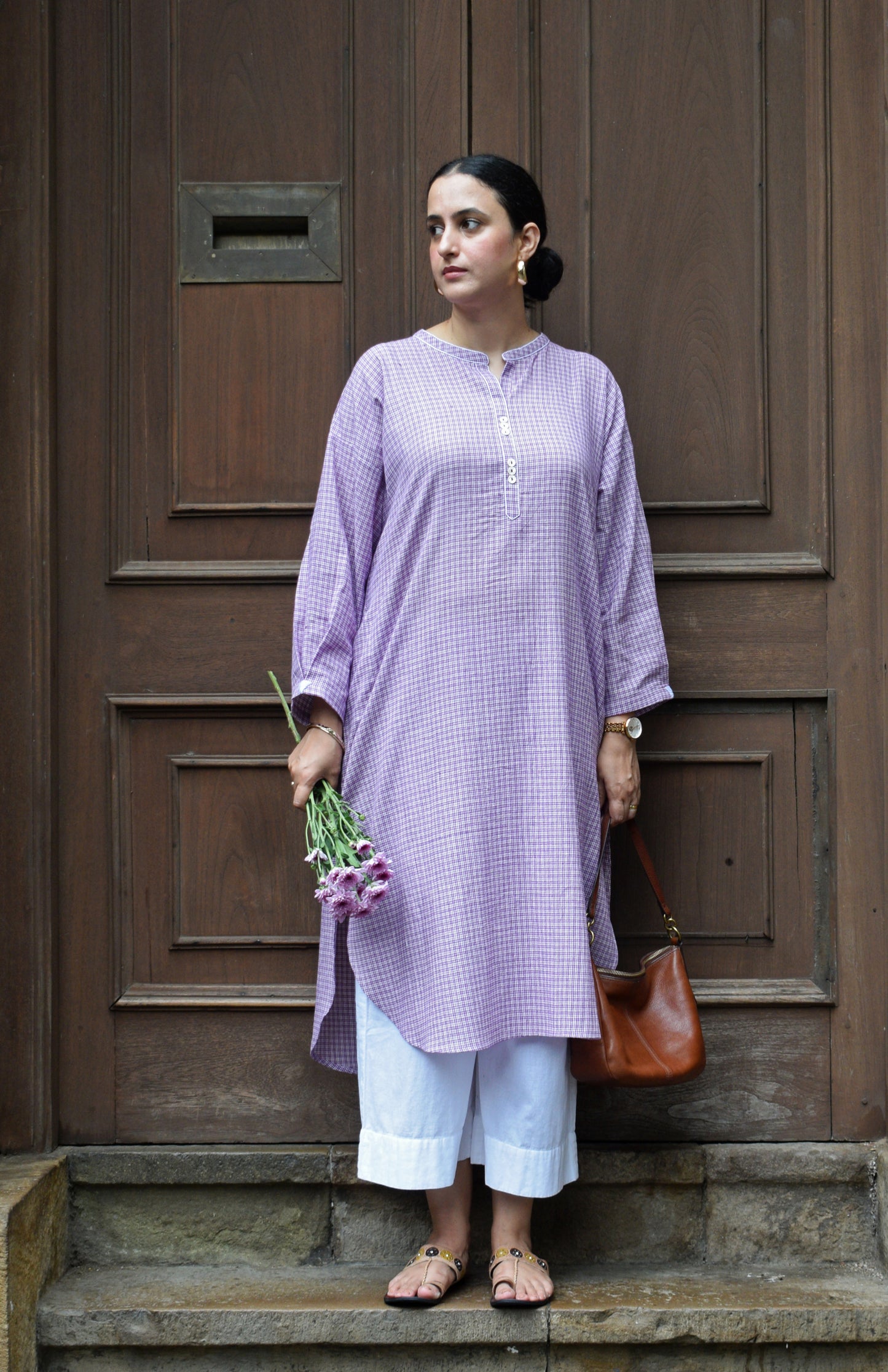Purple Checks Antifit Kurta in Handwoven Cotton