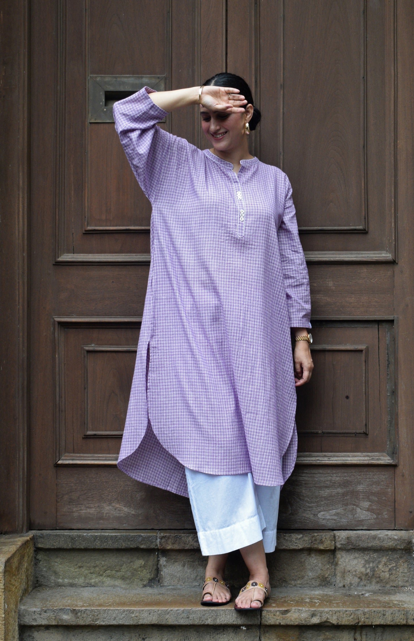 Purple Checks Antifit Kurta in Handwoven Cotton