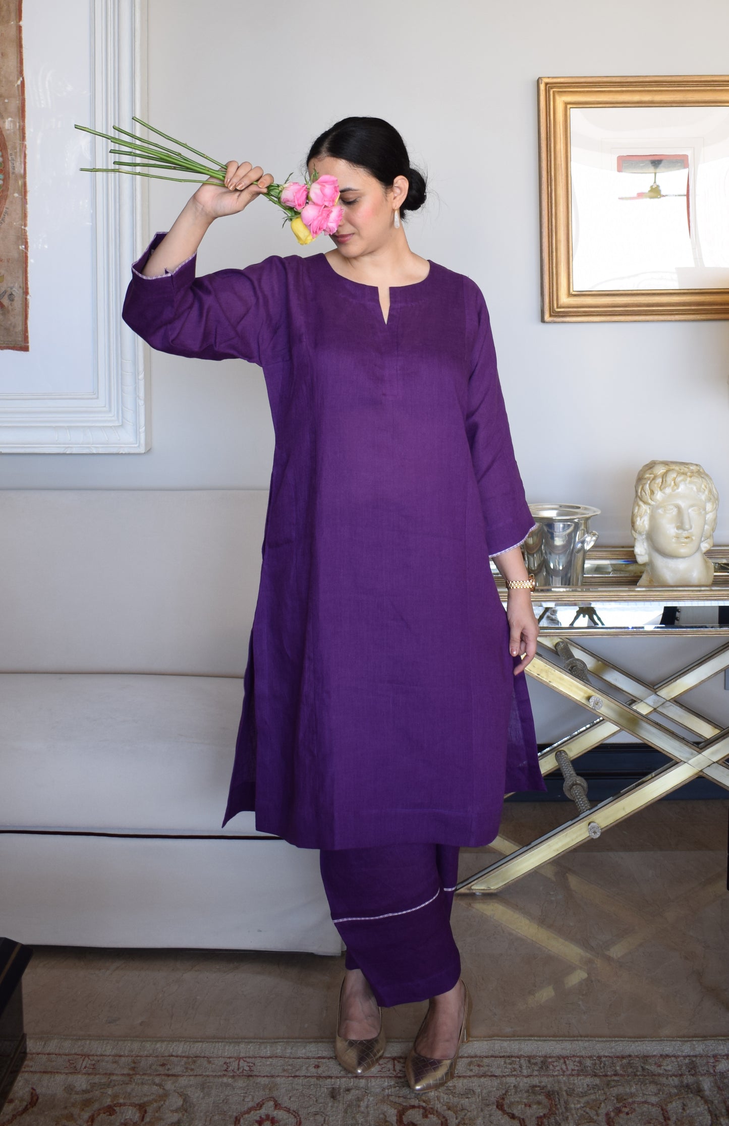 Purple Linen Straight Fit Paneled Kurta