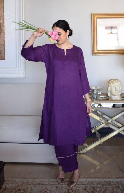Purple Linen Straight Fit Paneled Kurta