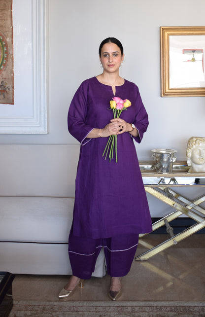 Purple Linen Straight Fit Paneled Kurta