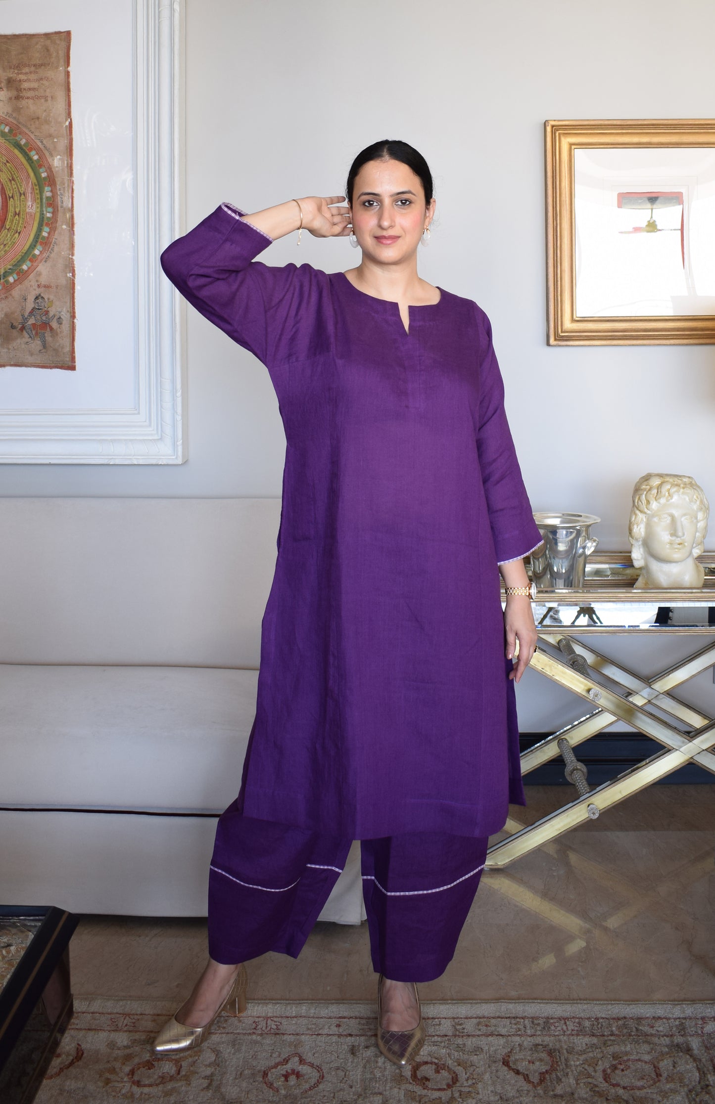 Purple Linen Straight Fit Paneled Kurta
