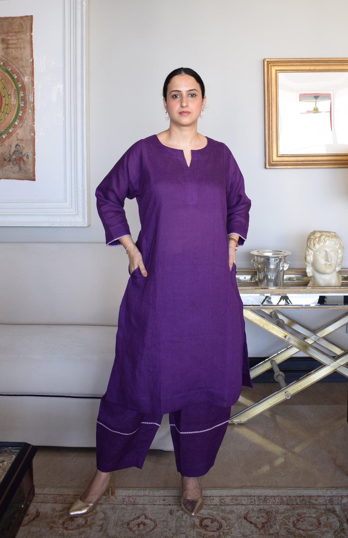 Purple Linen Straight Fit Paneled Kurta
