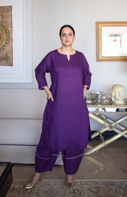Purple Linen Straight Fit Paneled Kurta