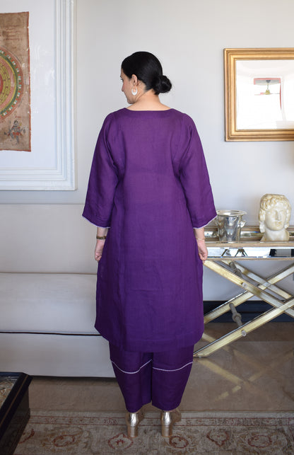 Purple Linen Straight Fit Paneled Kurta