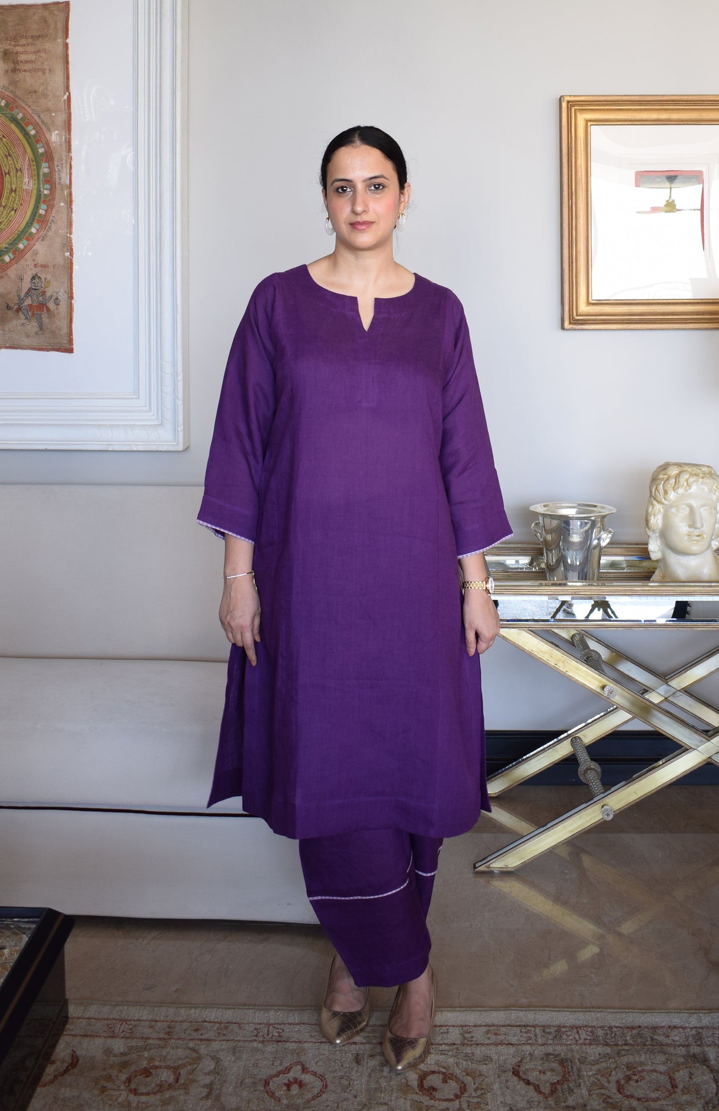 Purple Linen Straight Fit Paneled Kurta
