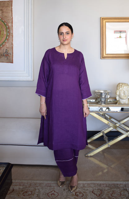 Purple Linen Straight Fit Paneled Kurta