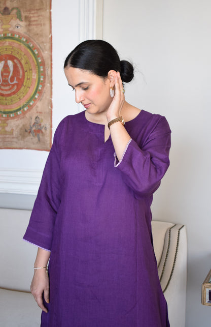 Purple Linen Straight Fit Paneled Kurta