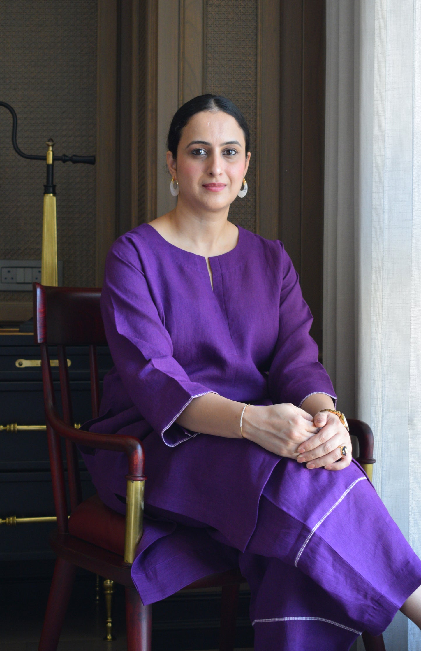 Purple Linen Straight Fit Paneled Kurta