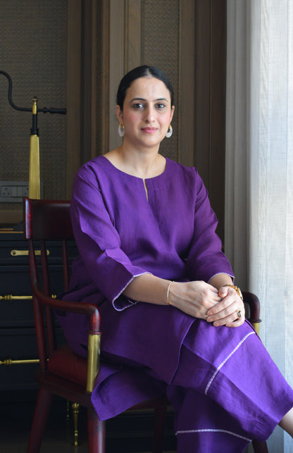Purple Linen Straight Fit Paneled Kurta