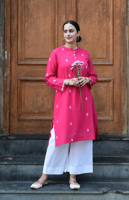 Rani Pink Jamdani Kurta with placket