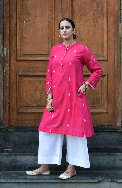 Rani Pink Jamdani Kurta with placket