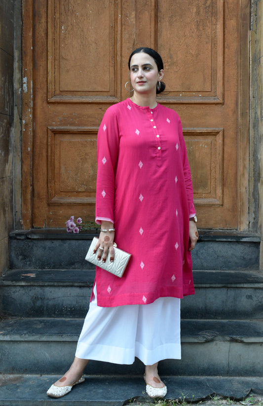 Rani Pink Jamdani Kurta with placket