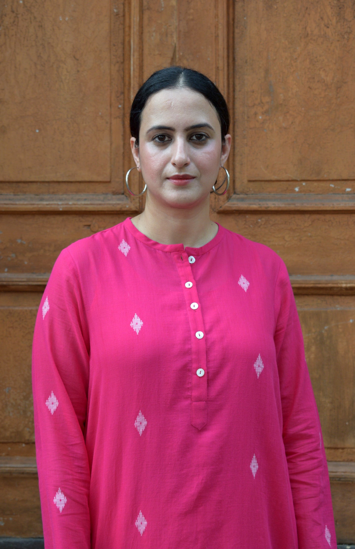 Rani Pink Jamdani Kurta with placket