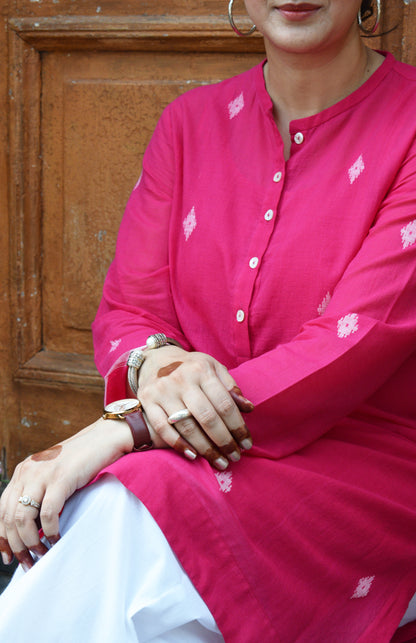 Rani Pink Jamdani Kurta with placket