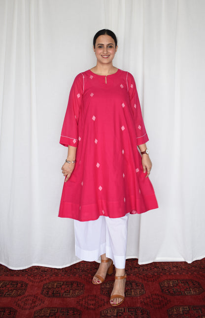 Rani pink Jamdani kurta with side gathers