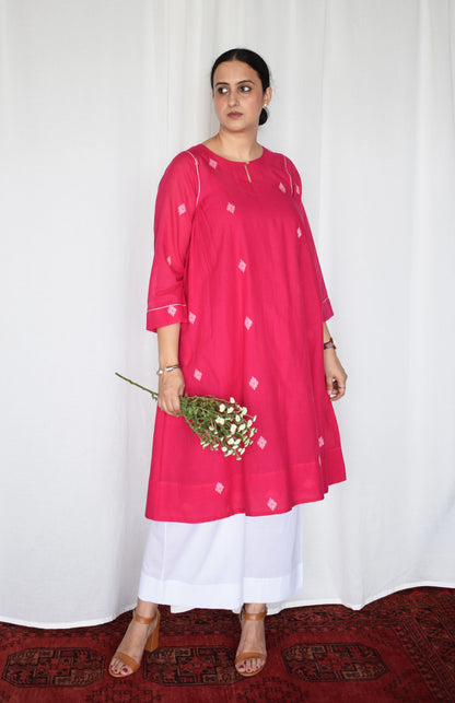 Rani pink Jamdani kurta with side gathers