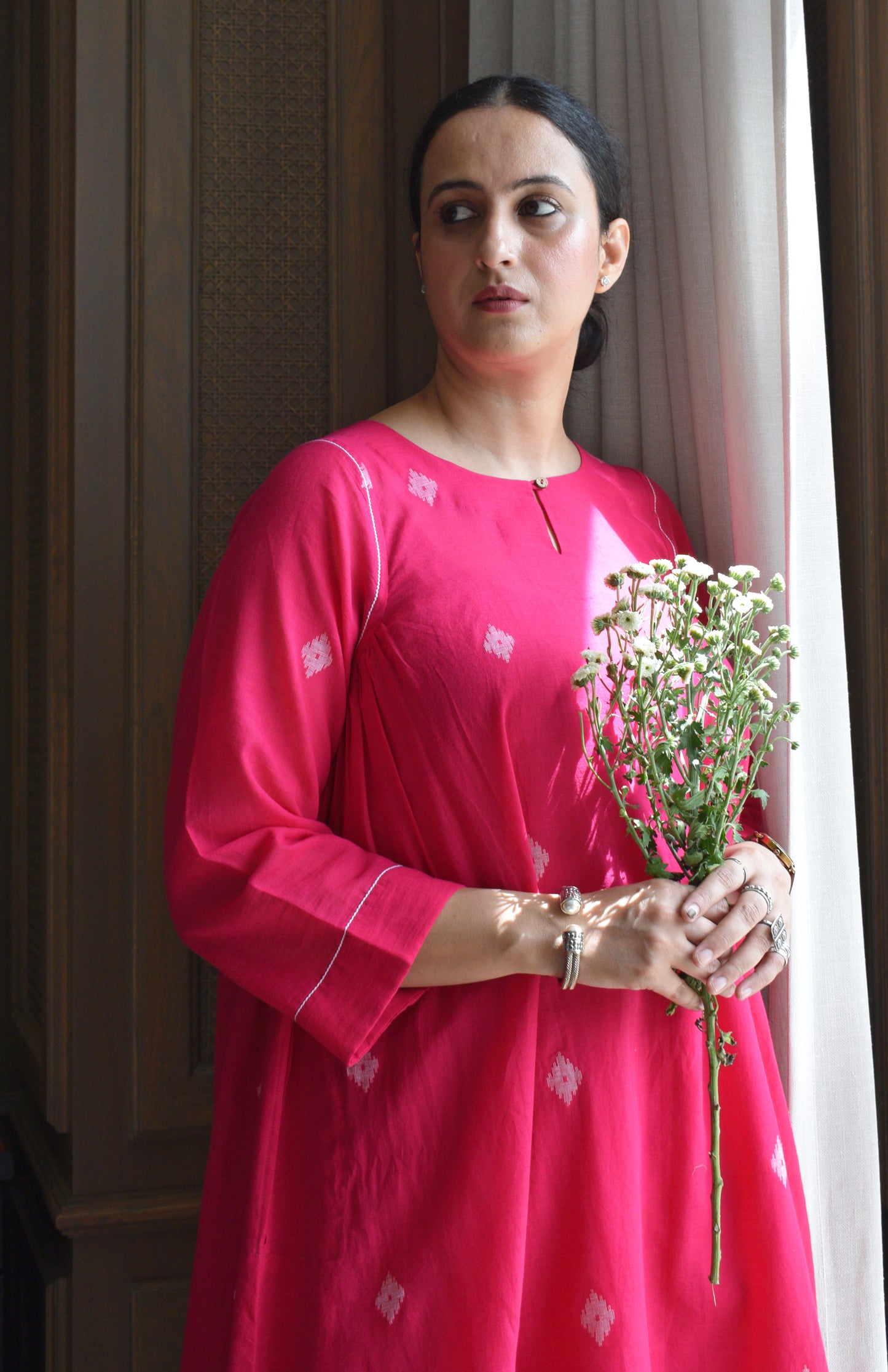 Rani pink Jamdani kurta with side gathers