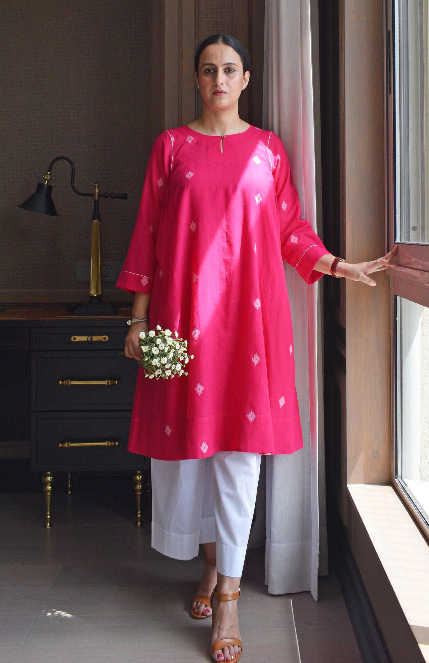 Rani pink Jamdani kurta with side gathers