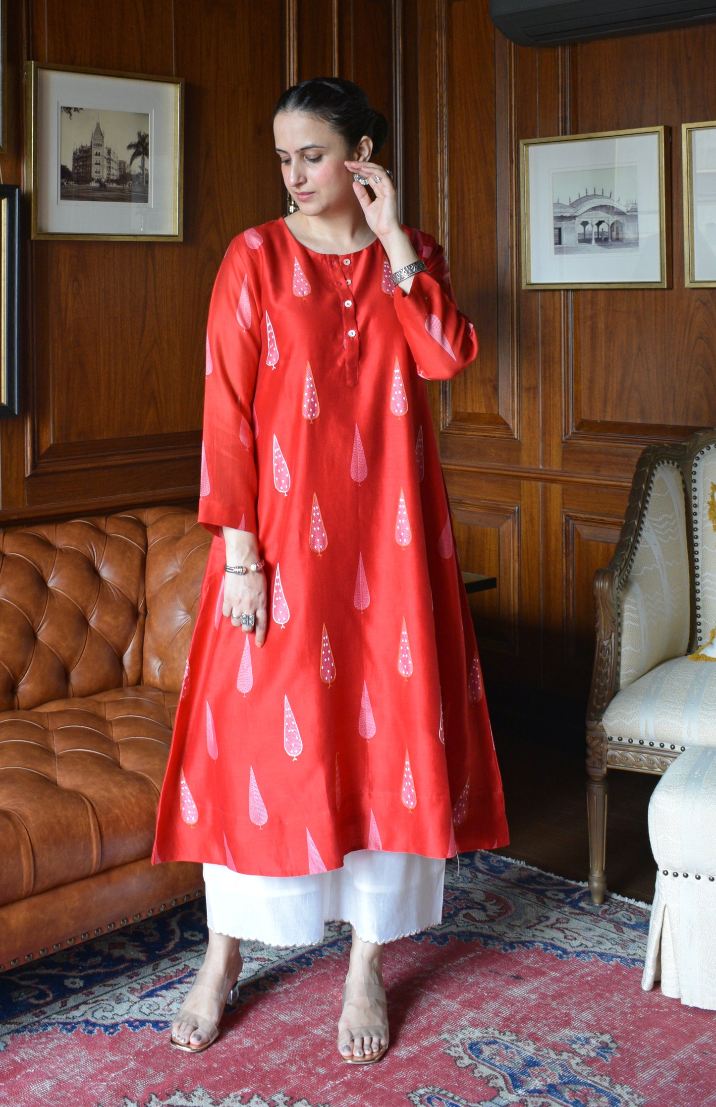 Red Chanderi Kurta with Off White Chanderi Scallop Pyjama