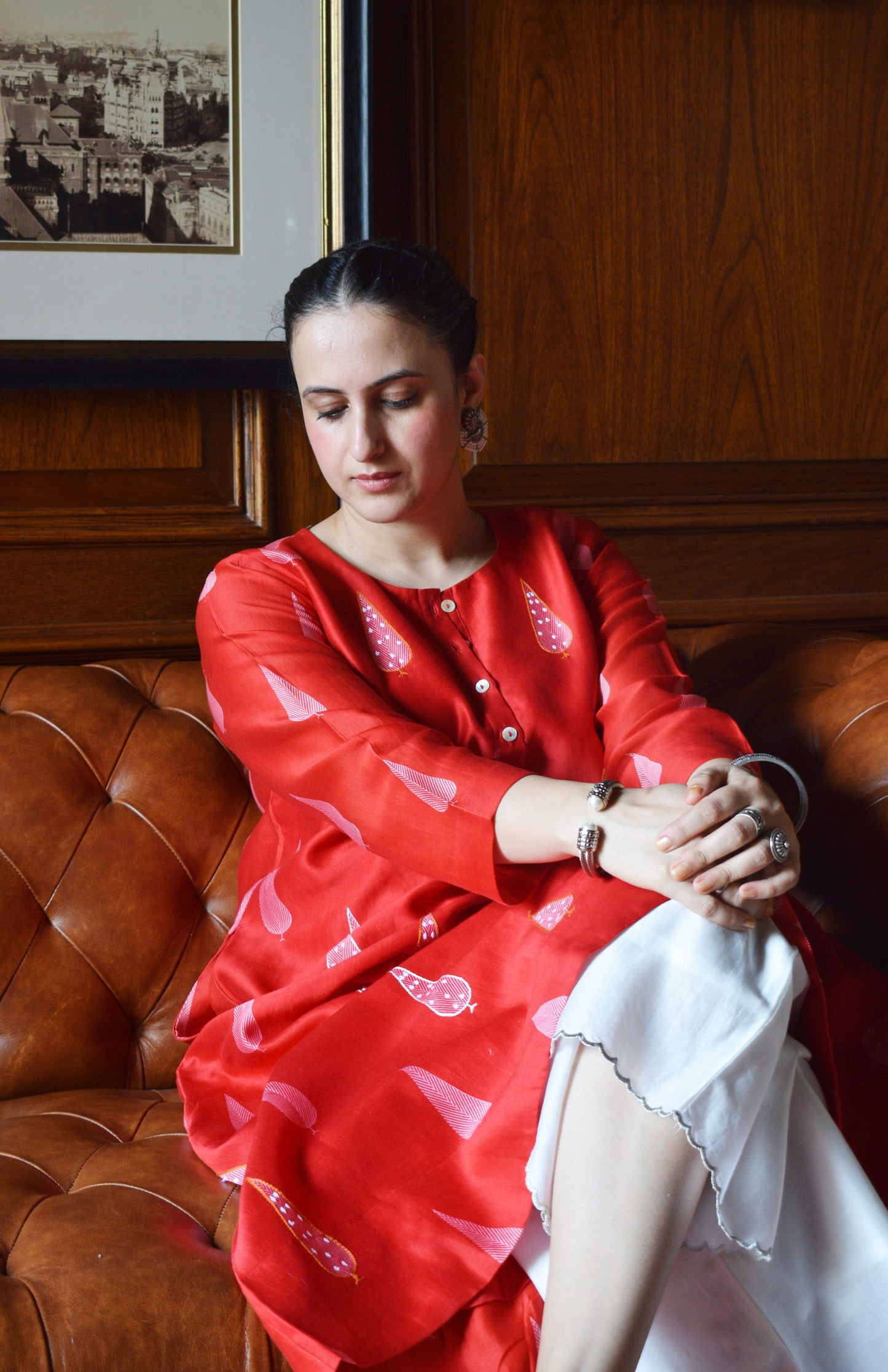 Red Chanderi Hand Embroidered A line Kurta