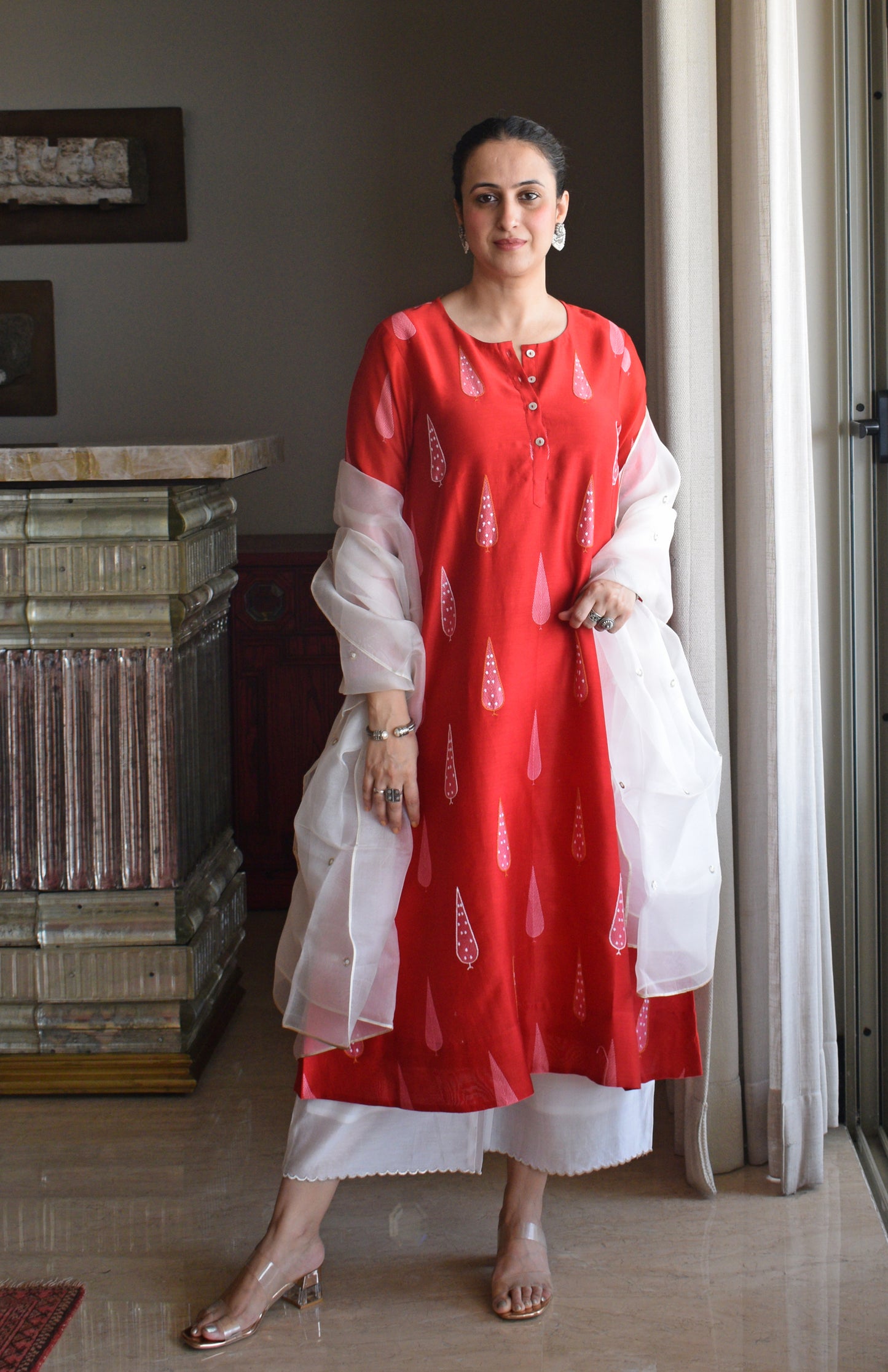 Red Chanderi Kurta with Off White Chanderi Scallop Pyjama