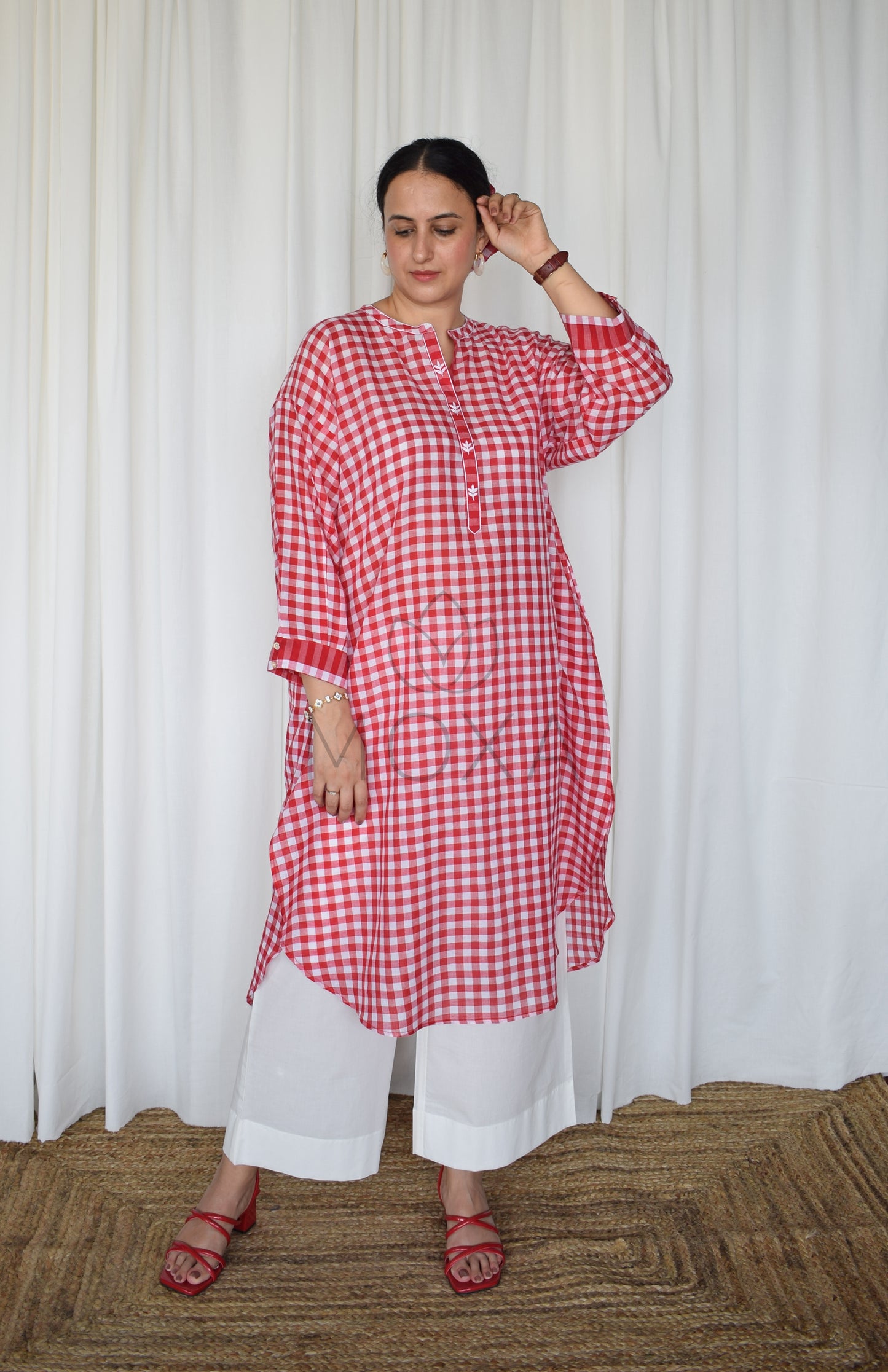 Poppy Red Antifit Kurta in Handloom Checks