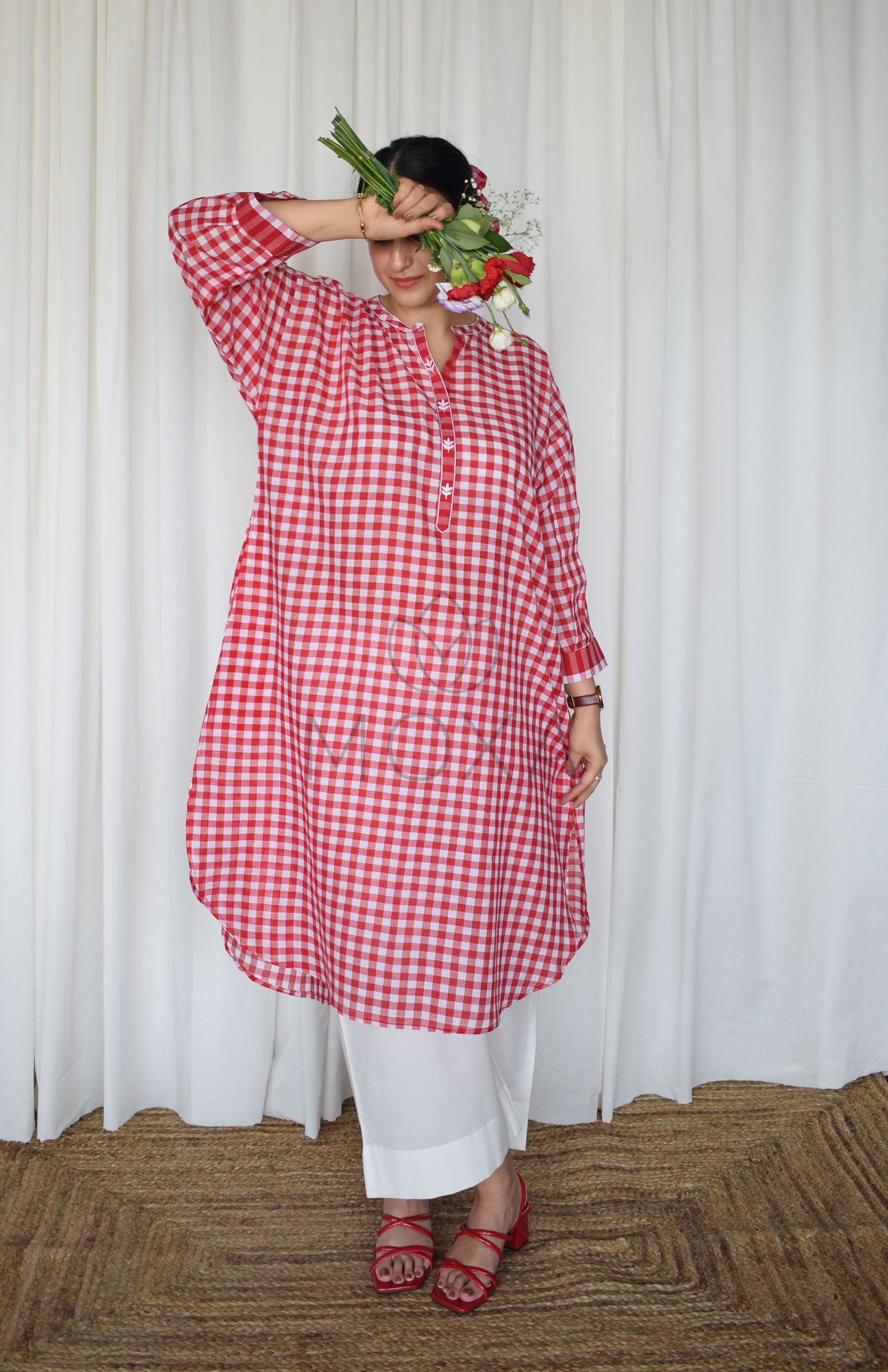 Poppy Red Antifit Kurta in Handloom Checks