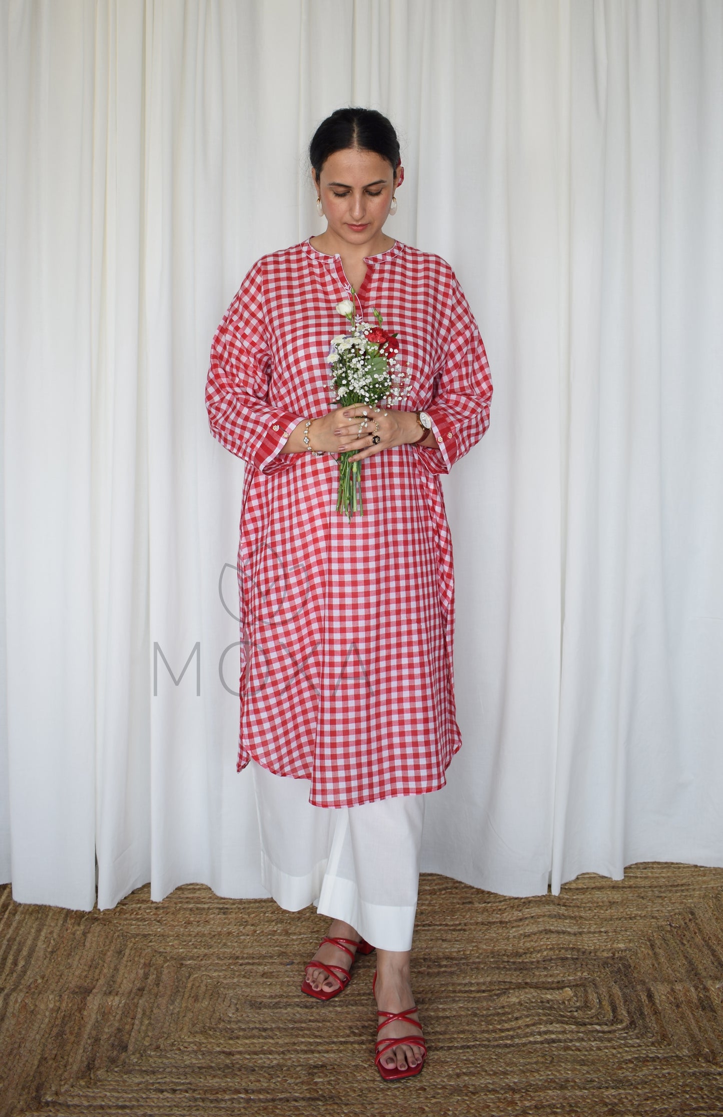 Poppy Red Antifit Kurta in Handloom Checks